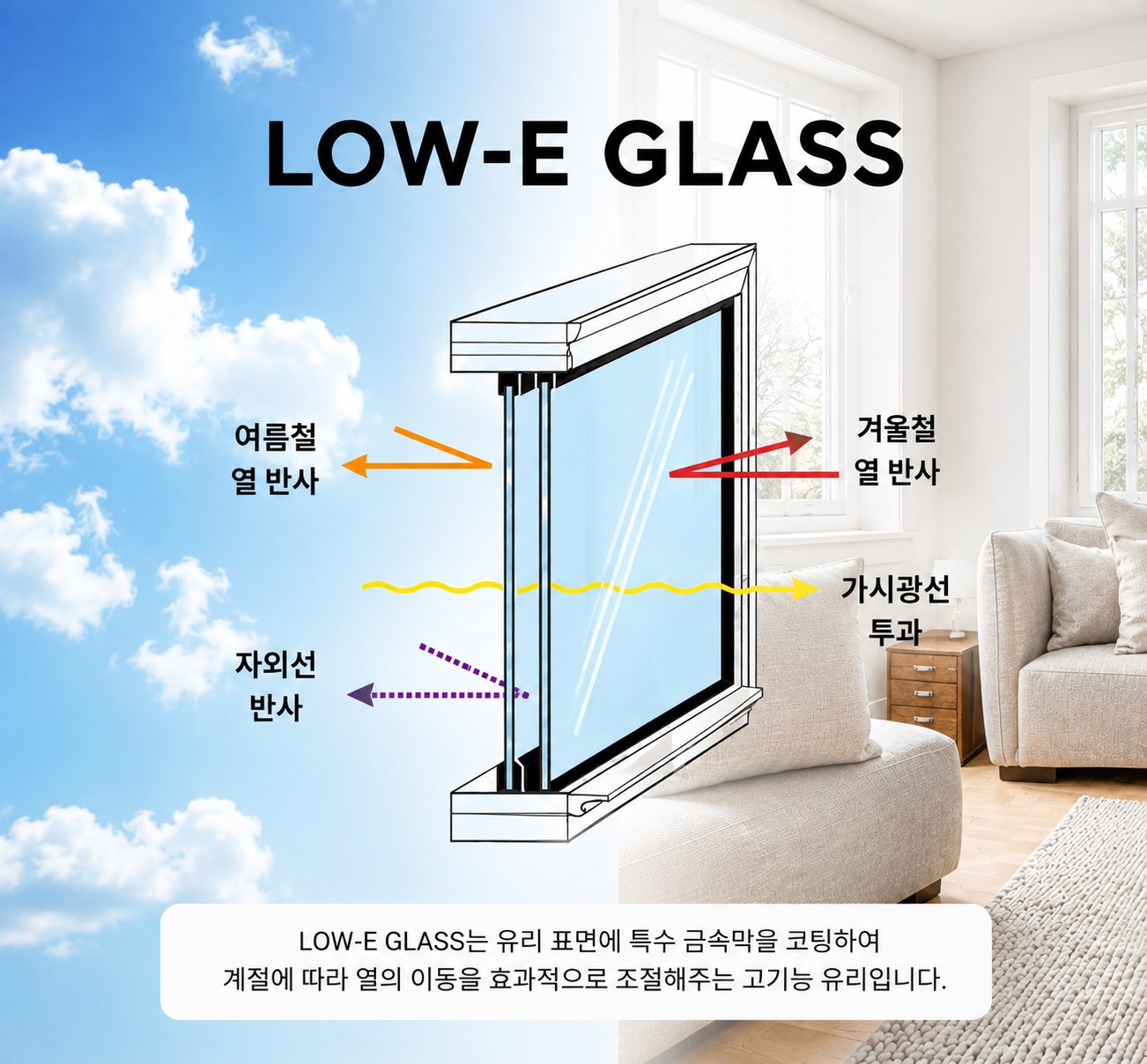 로이유리의 원리 도해. 여름철 외부 열 반사, 겨울철 실내 열 반사, 가시광선 투과, 자외선 반사
